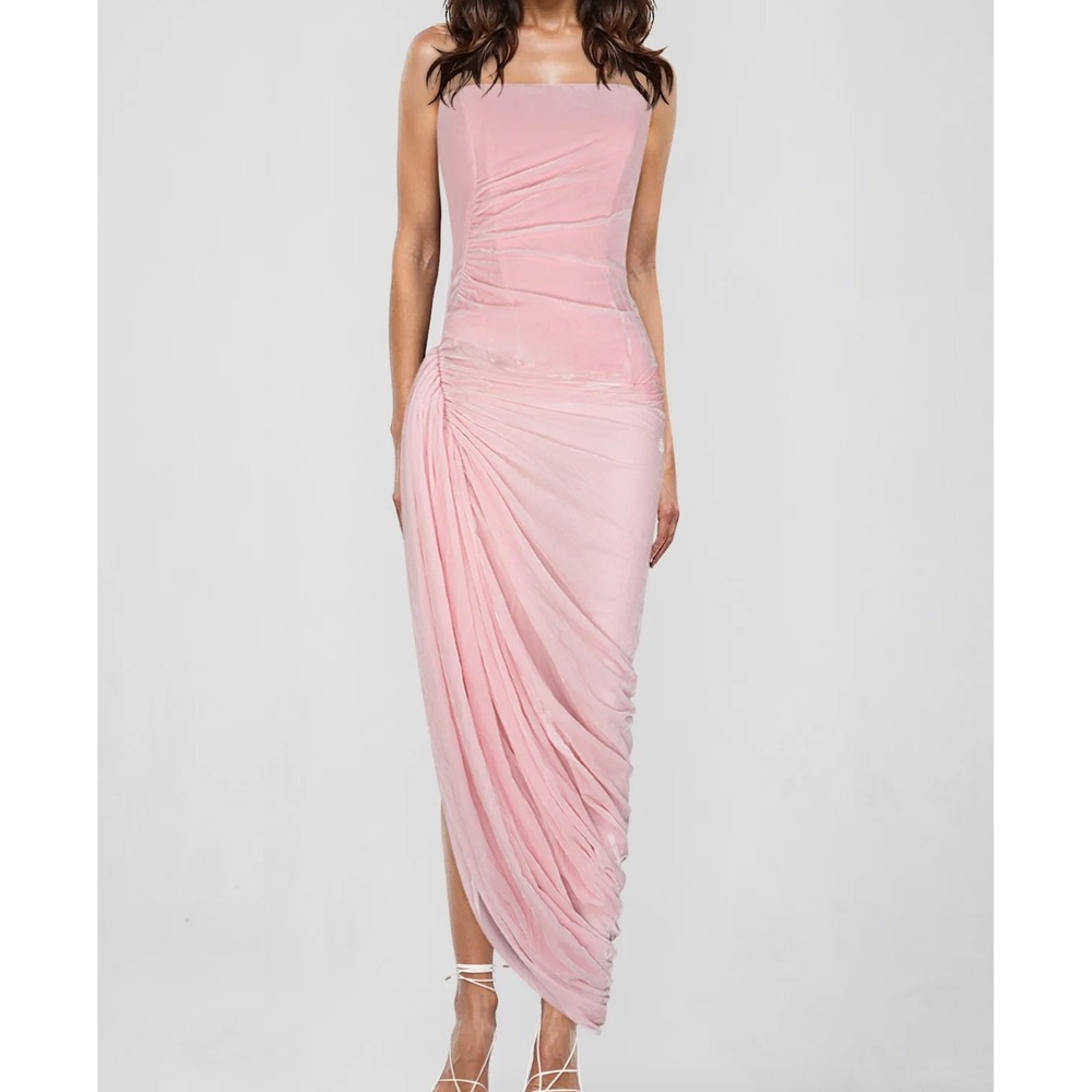 Atoir Valerie Velvet Ruched Asymmetrical Midi Dress in Pink sz L